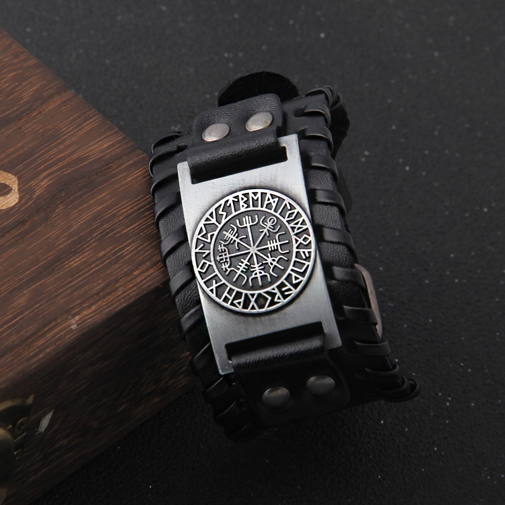 Bracelet Viking Valknut en cuir noir
