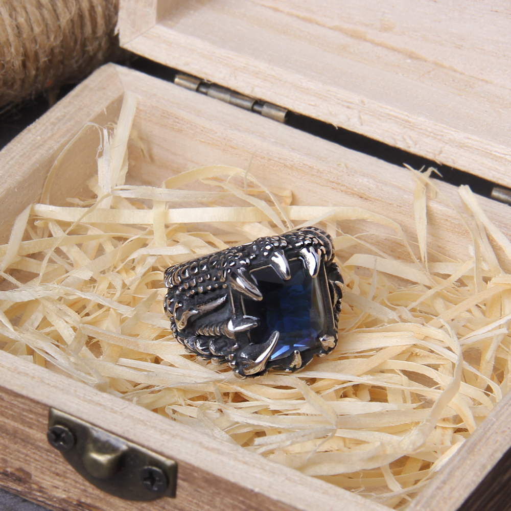 Bague viking griffe de dragon bleu