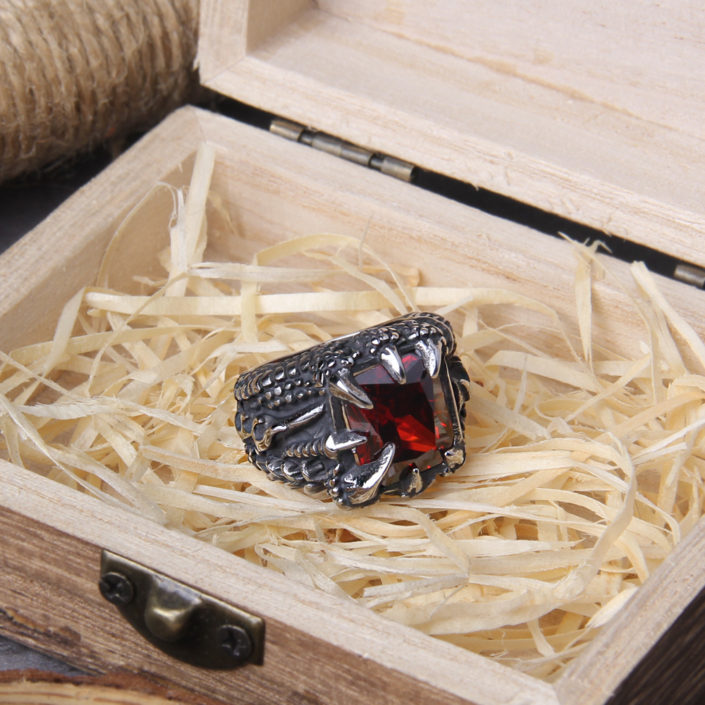 Bague viking griffe de dragon rouge