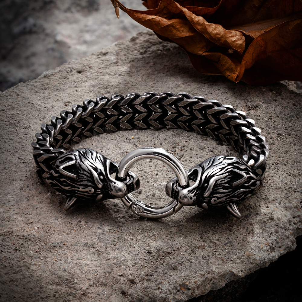 Bracelet Viking Tête de Loup Fenrir argenté