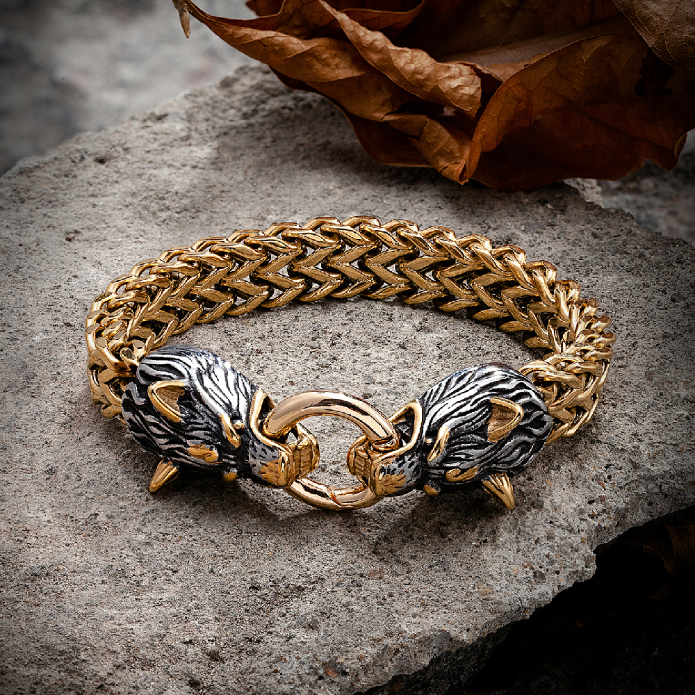 Bracelet Viking Tête de Loup  Fenrir doré