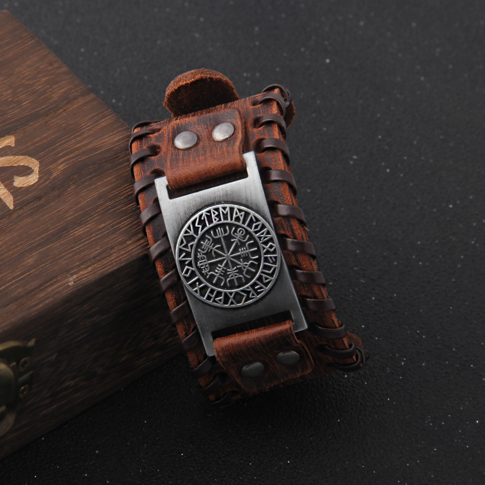 Bracelet Viking Valknut en cuir marron