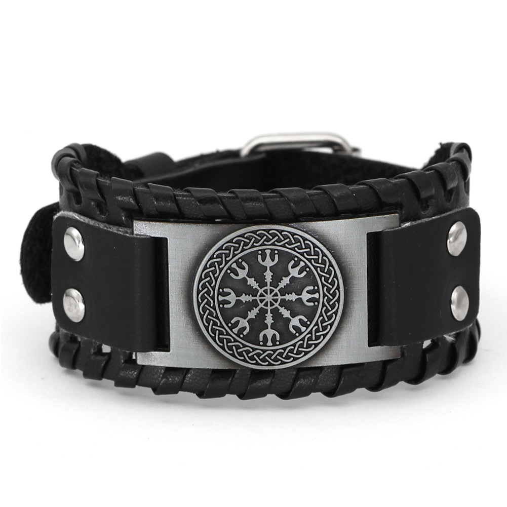 Bracelet viking Aegishjalmur en cuir argenté