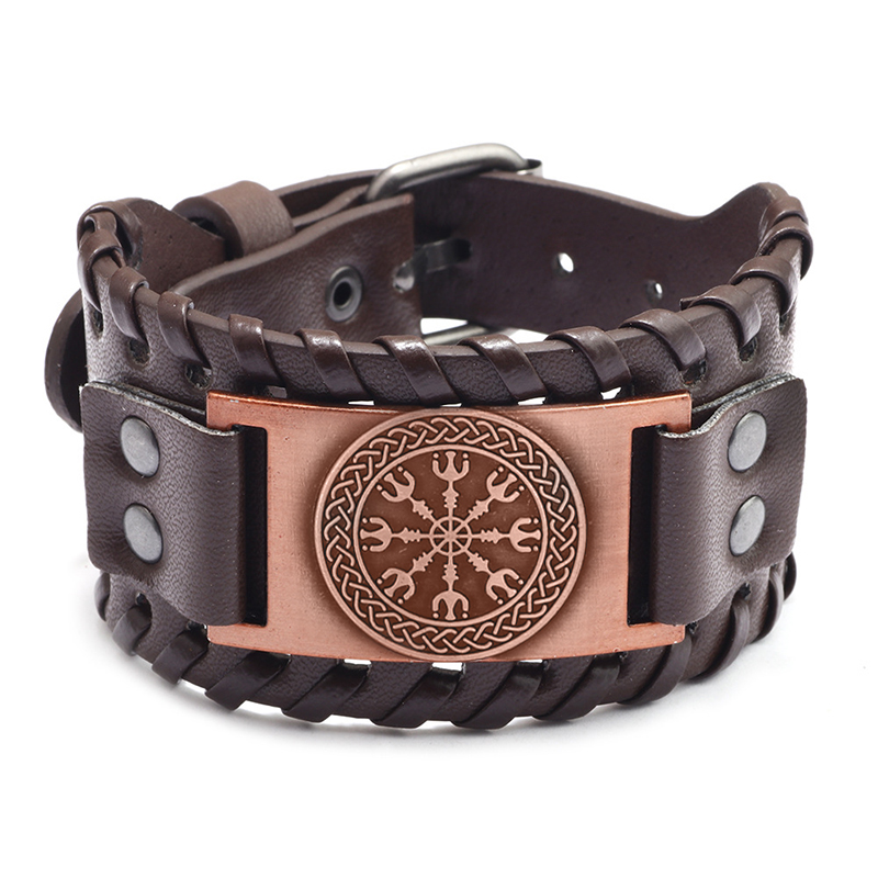 Bracelet viking Aegishjalmur en cuir bronze