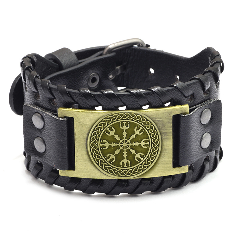 Bracelet viking Aegishjalmur en cuir doré