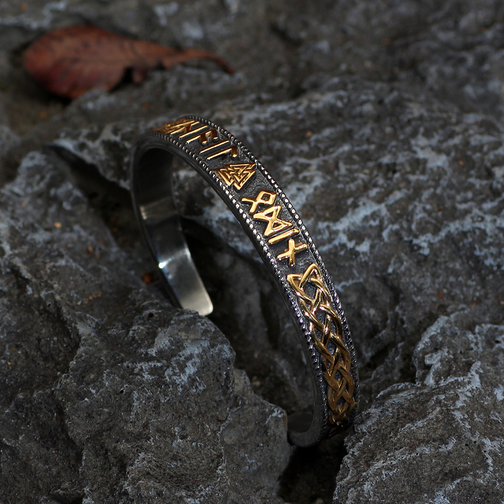 Bracelet viking Valknut porteur de runes doré — vue 2