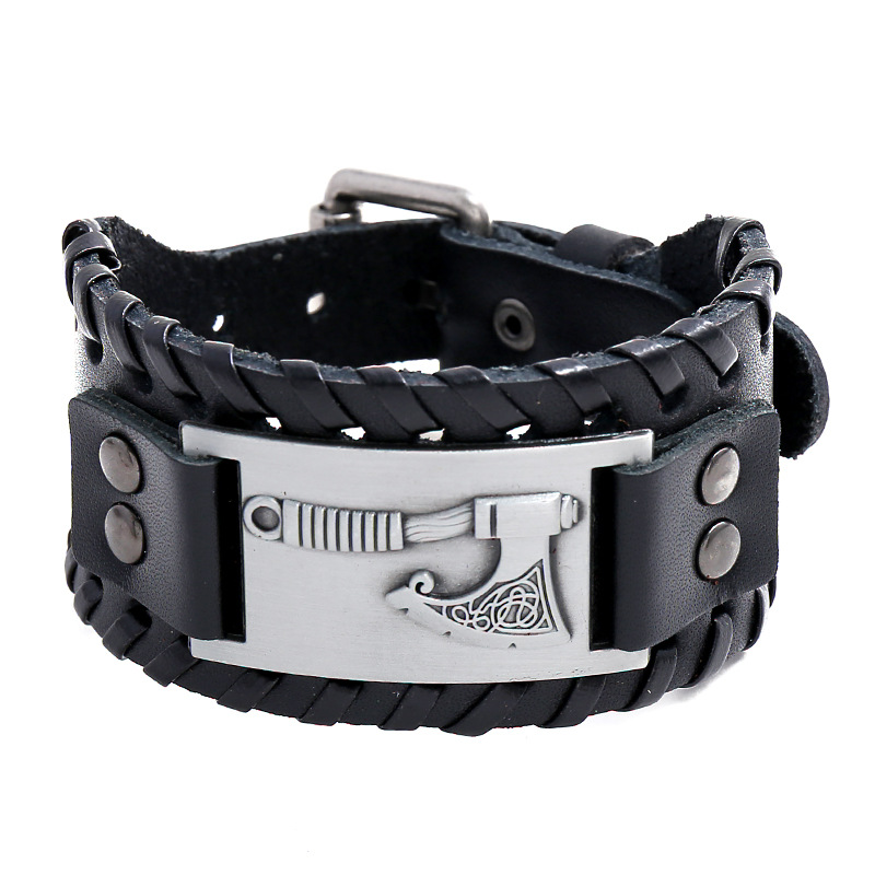 Bracelet viking en cuir hache argenté