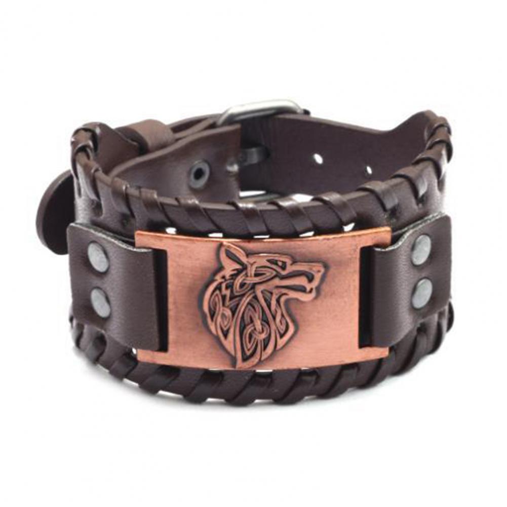 Bracelet viking en cuir loup fenrir bronze