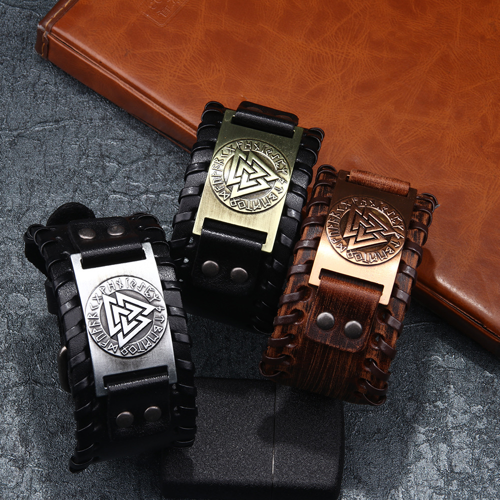 Bracelet viking en cuir symbole valknut bronze — vue 2