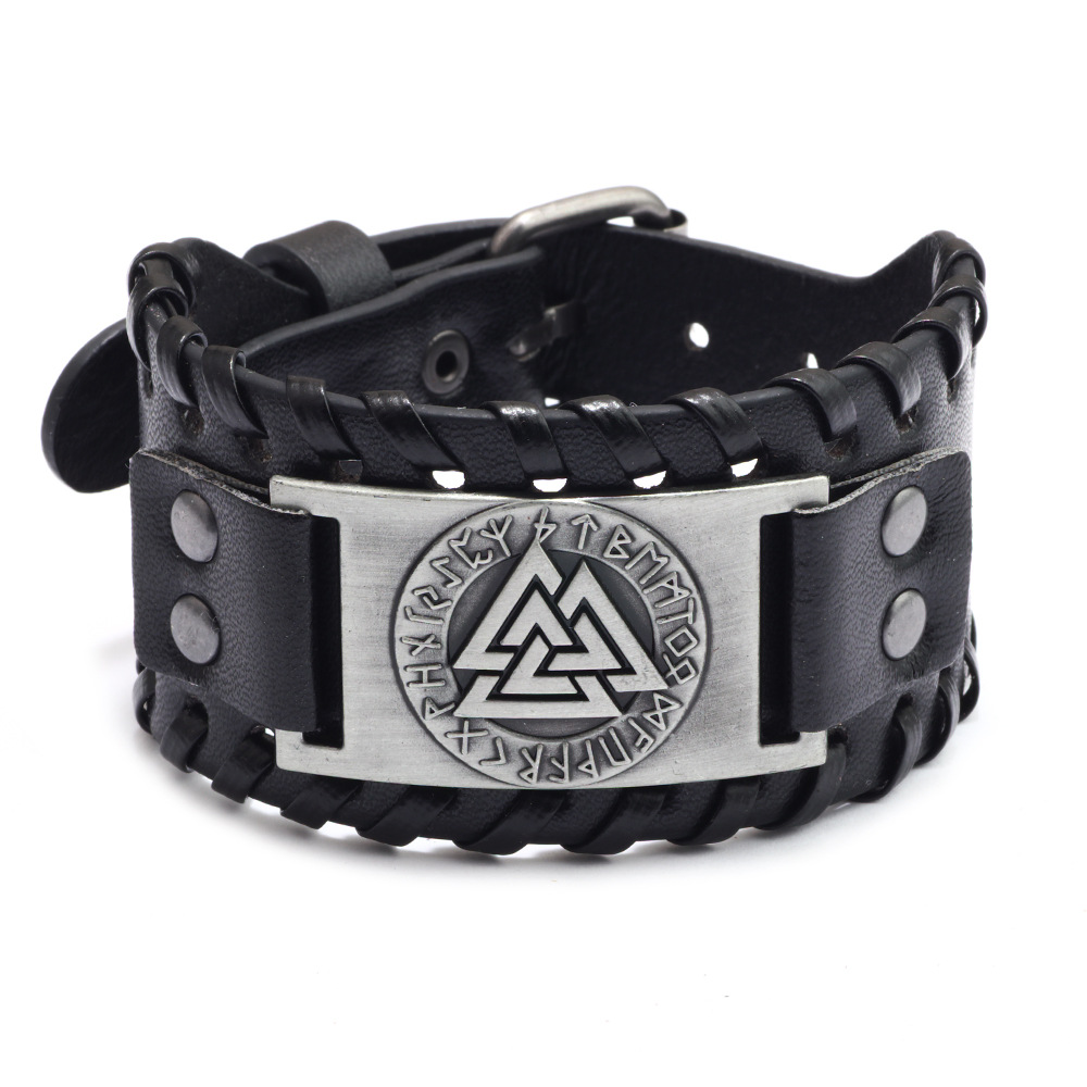 Bracelet viking en cuir symbole valknut argent