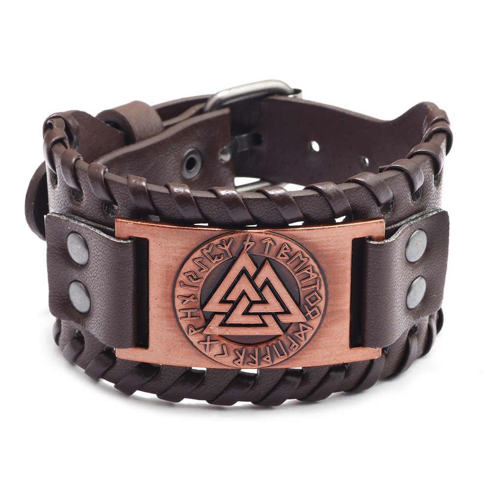 Bracelet viking en cuir symbole valknut bronze