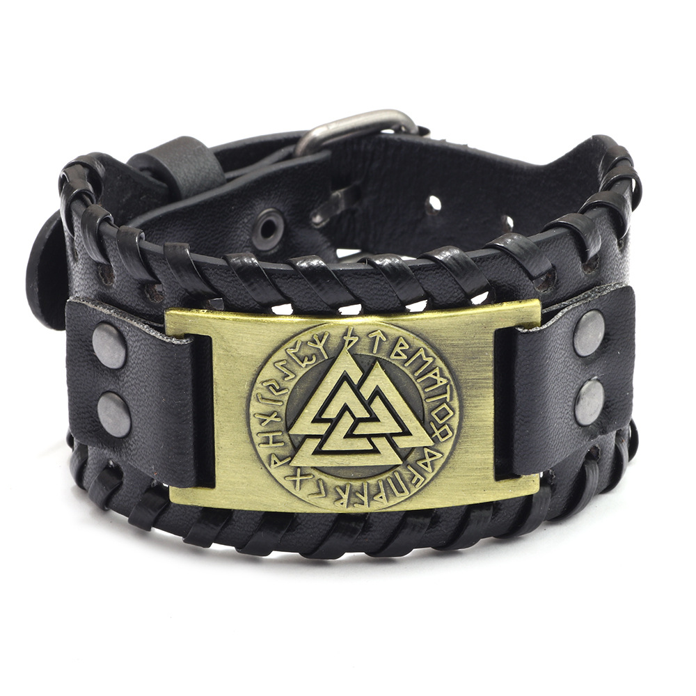 Bracelet viking en cuir symbole valknut or