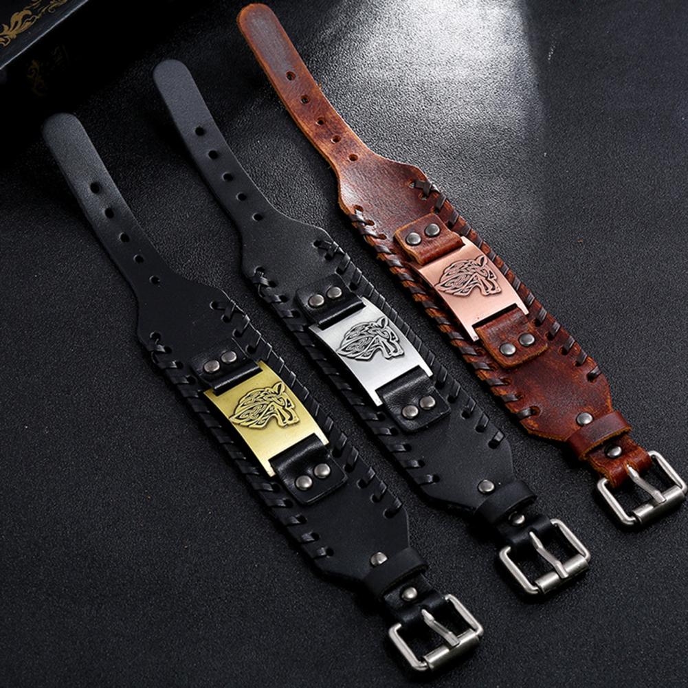 Bracelet viking en cuir loup fenrir bronze — vue 3