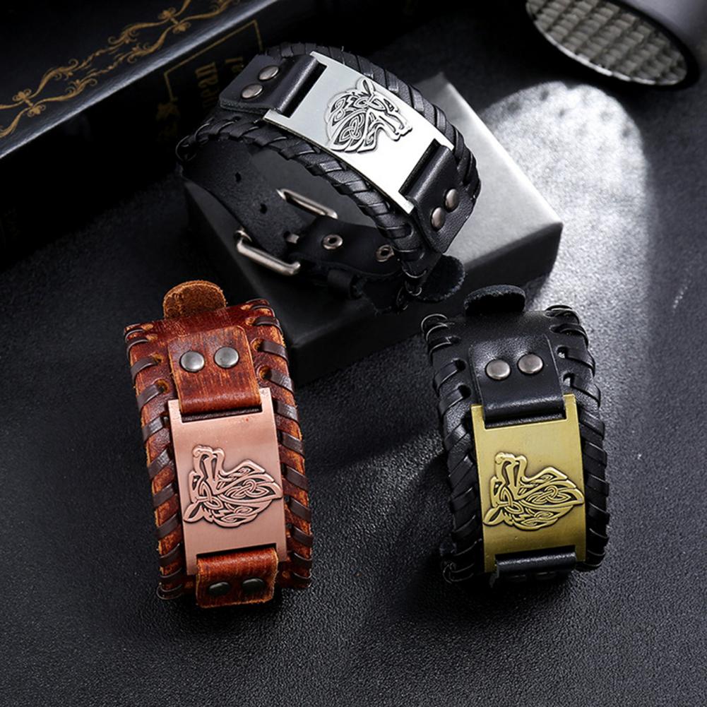 Bracelet viking en cuir loup fenrir bronze — vue 2