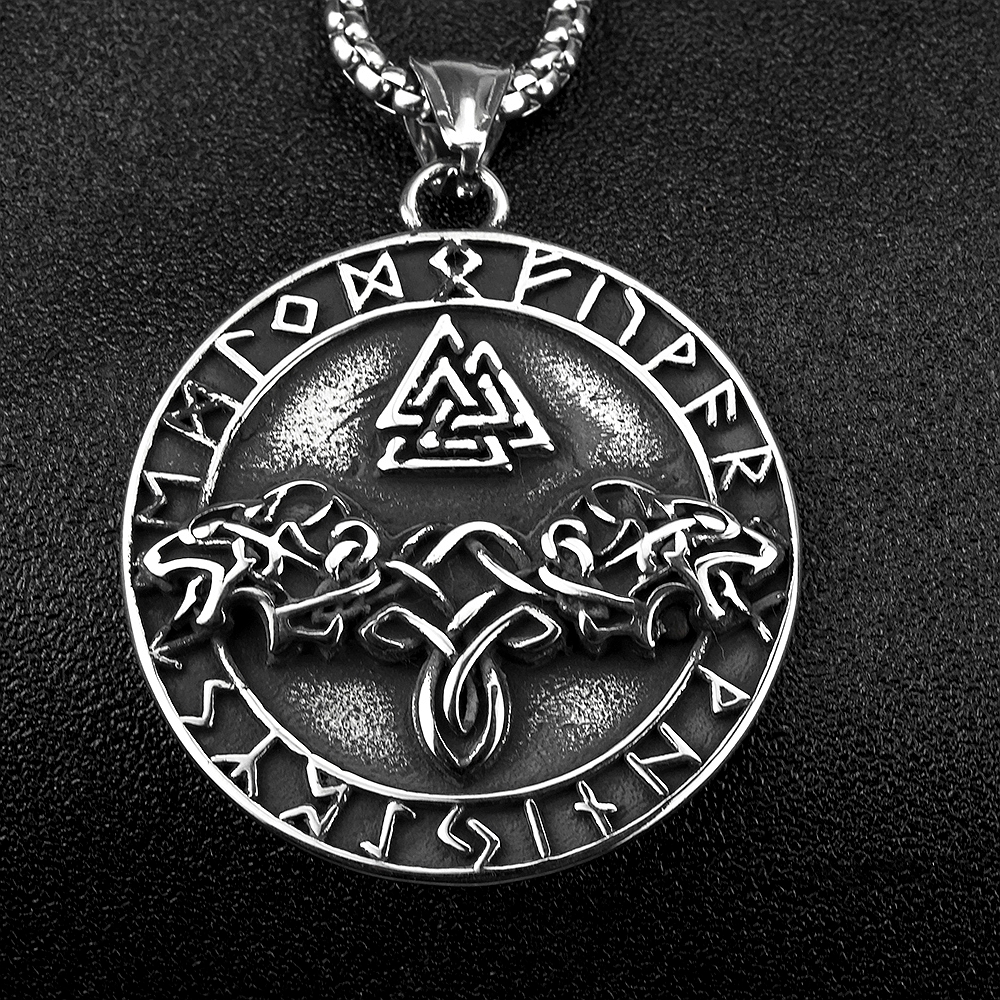 Collier viking Valknut loups d'Odin argenté