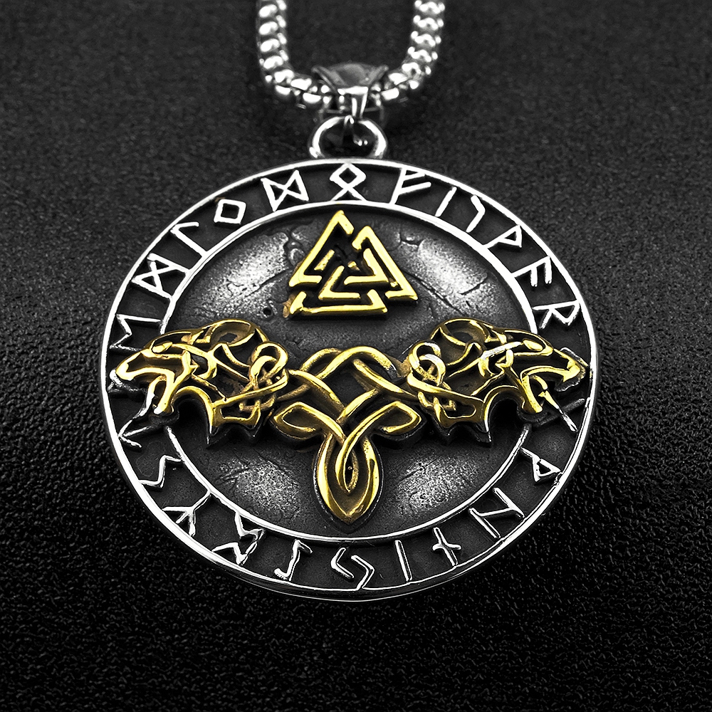 Collier viking Valknut loups d'Odin doré