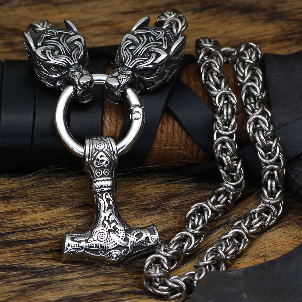 Collier viking protection de Freki et Geri argenté