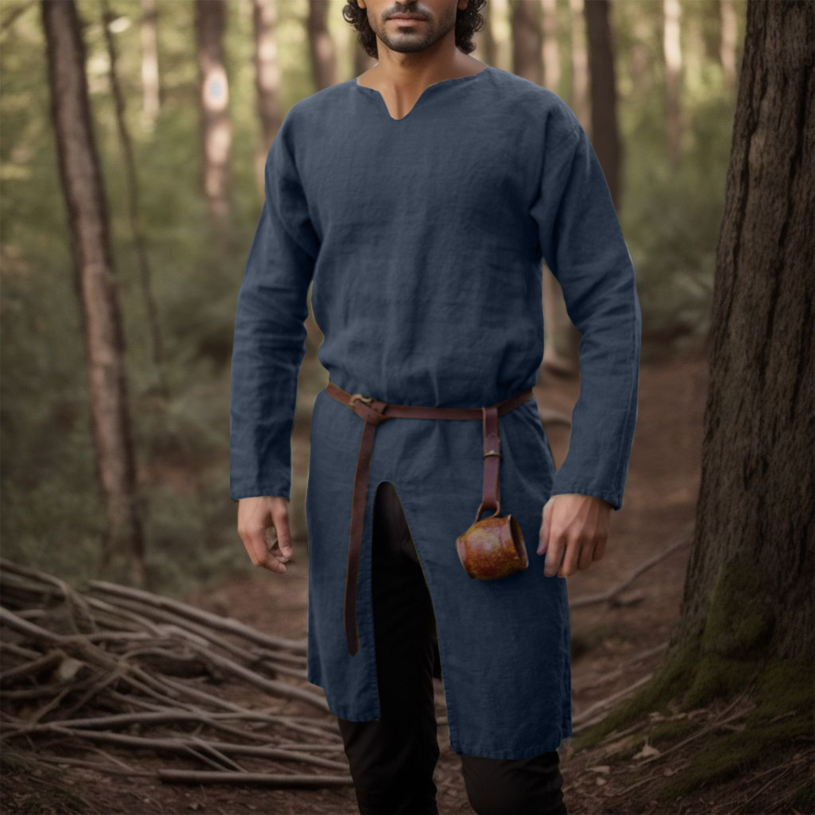 Déguisement viking chemise en lin rétro bleu