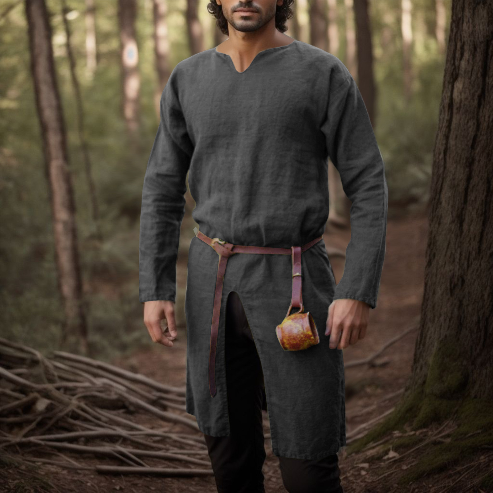 Déguisement viking chemise en lin rétro gris
