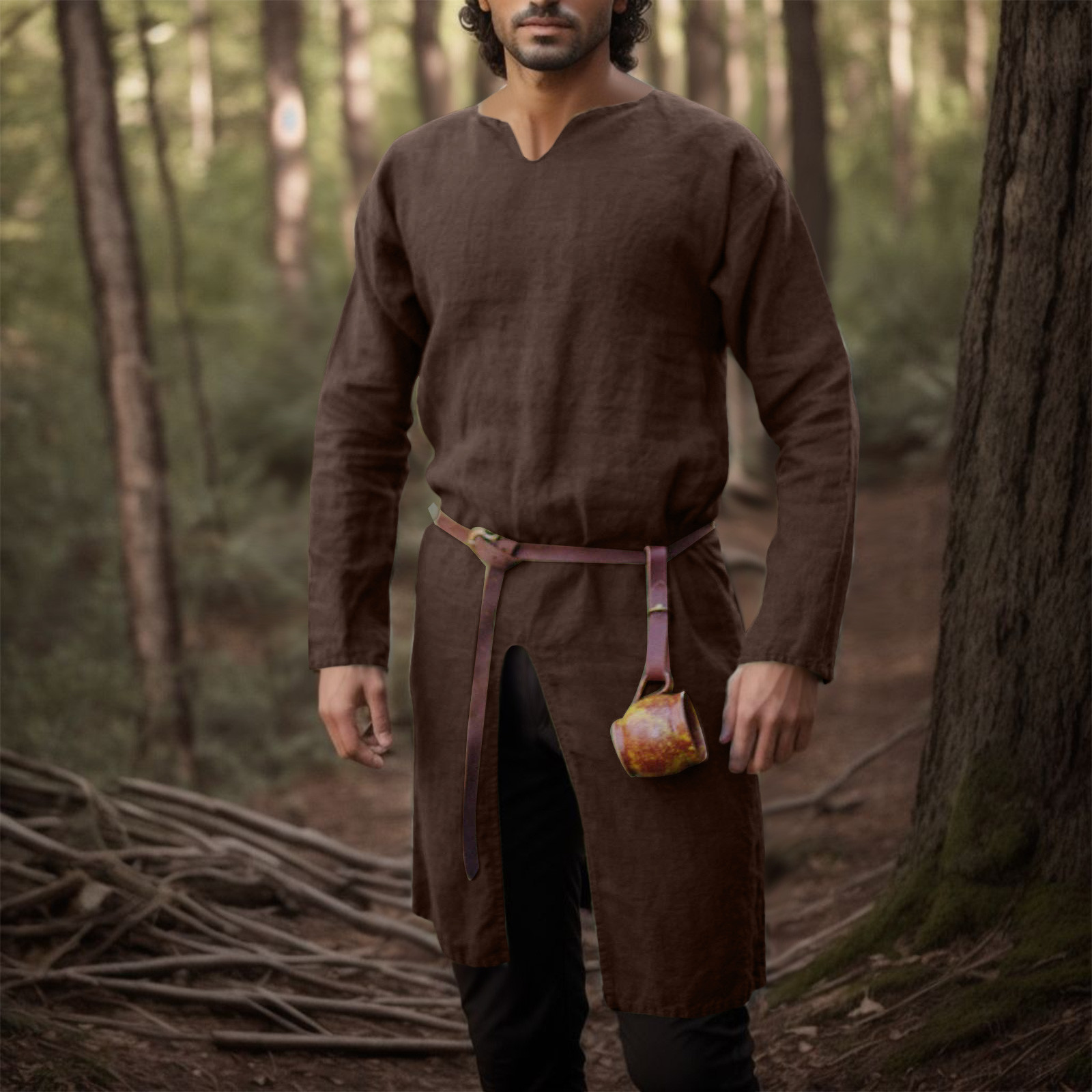 Déguisement viking chemise en lin rétro marron