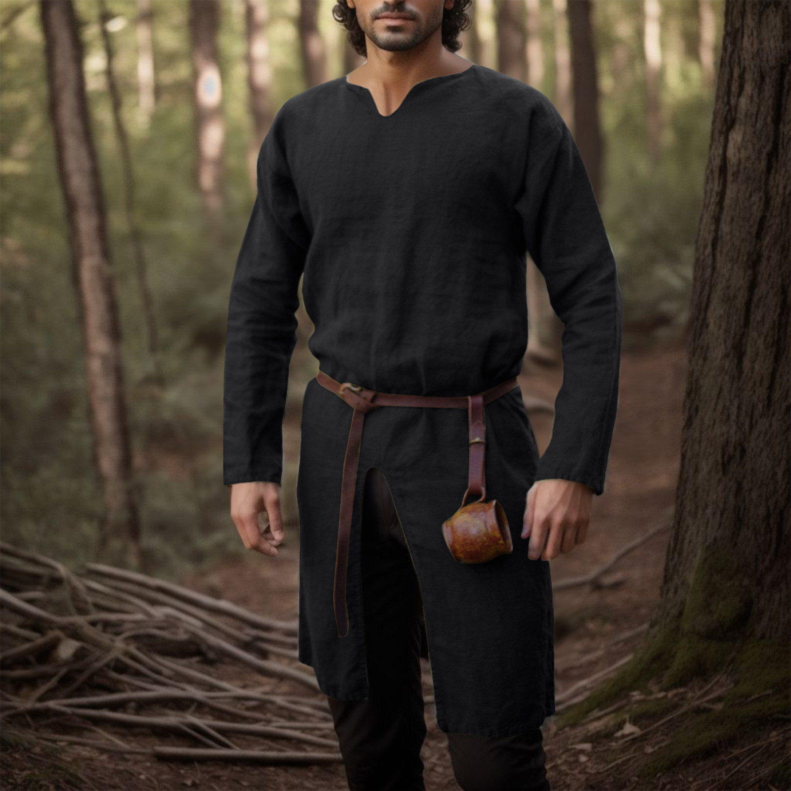 Déguisement viking chemise en lin rétro noir