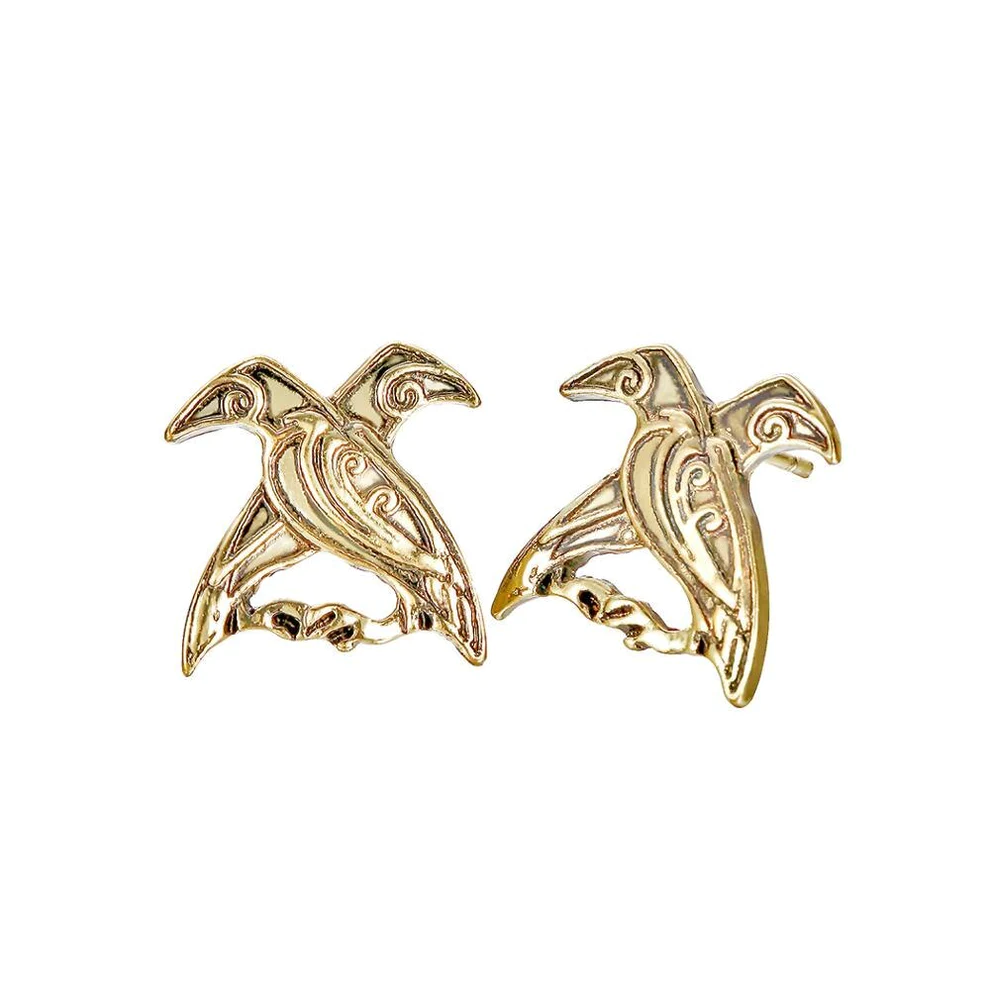 Boucles d'Oreilles Viking Hugin &amp; Munin croisés Dorées