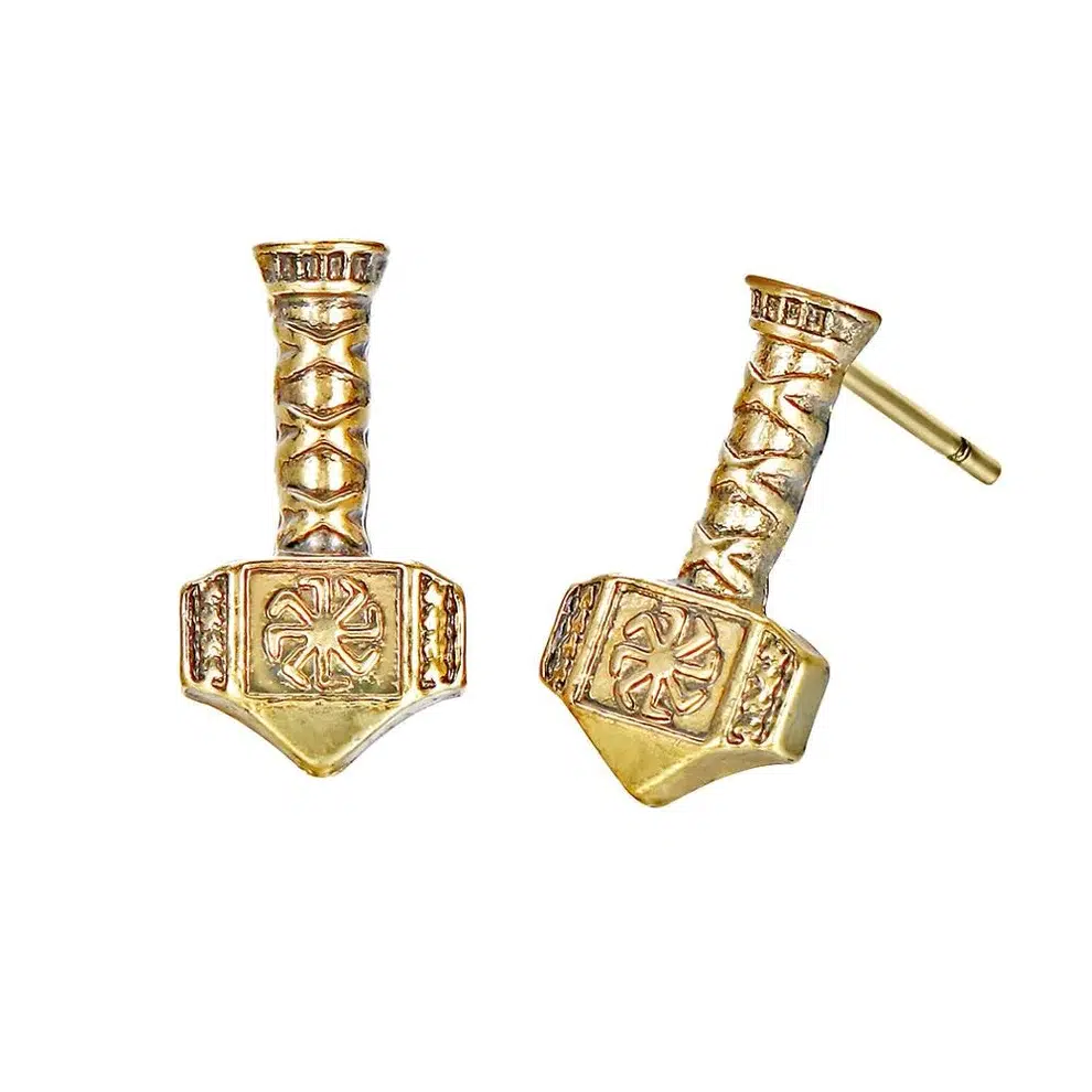 Boucles d'Oreilles Viking Mjöllnir avec Kolovrat Dorées