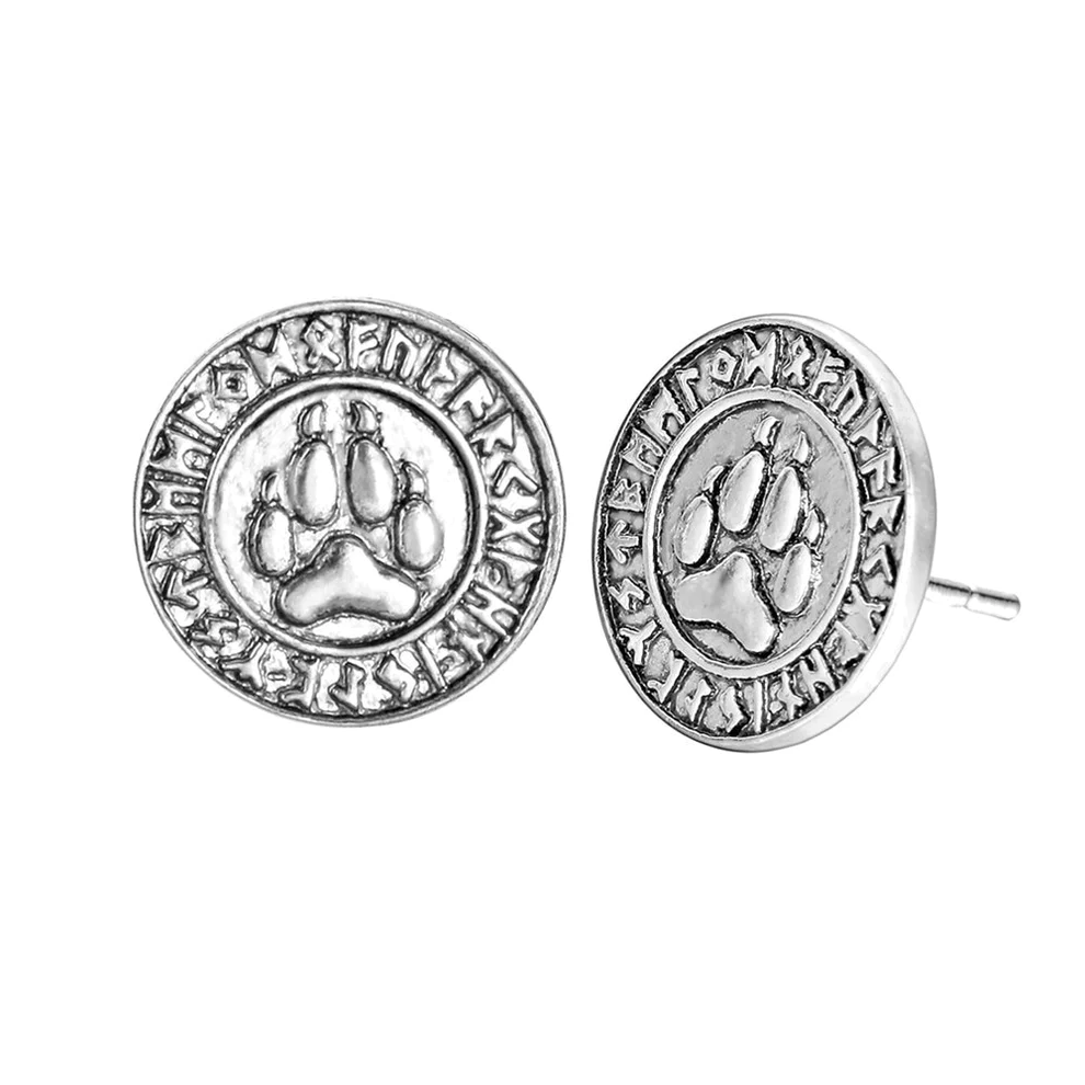 Boucles d'Oreilles Viking Patte d'Ours avec Runes Argentées