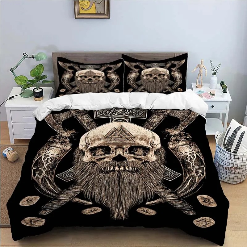Housse de couette viking tete de mort avec barbe