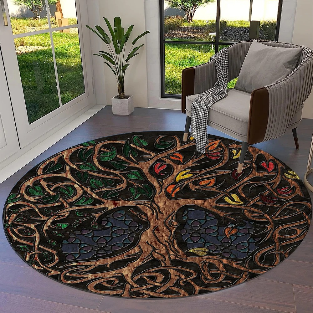 Tapis viking rond arbre de vie avec feuilles