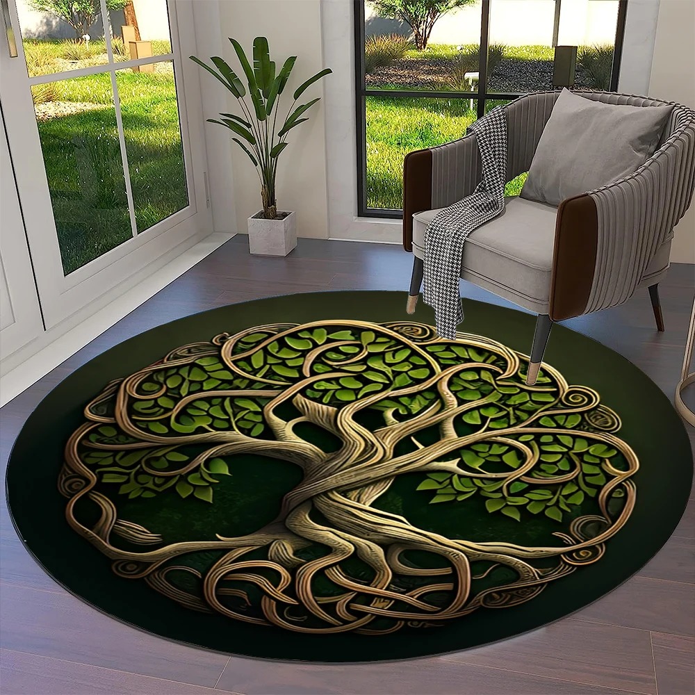 Tapis viking rond arbre de vie feuilles vertes