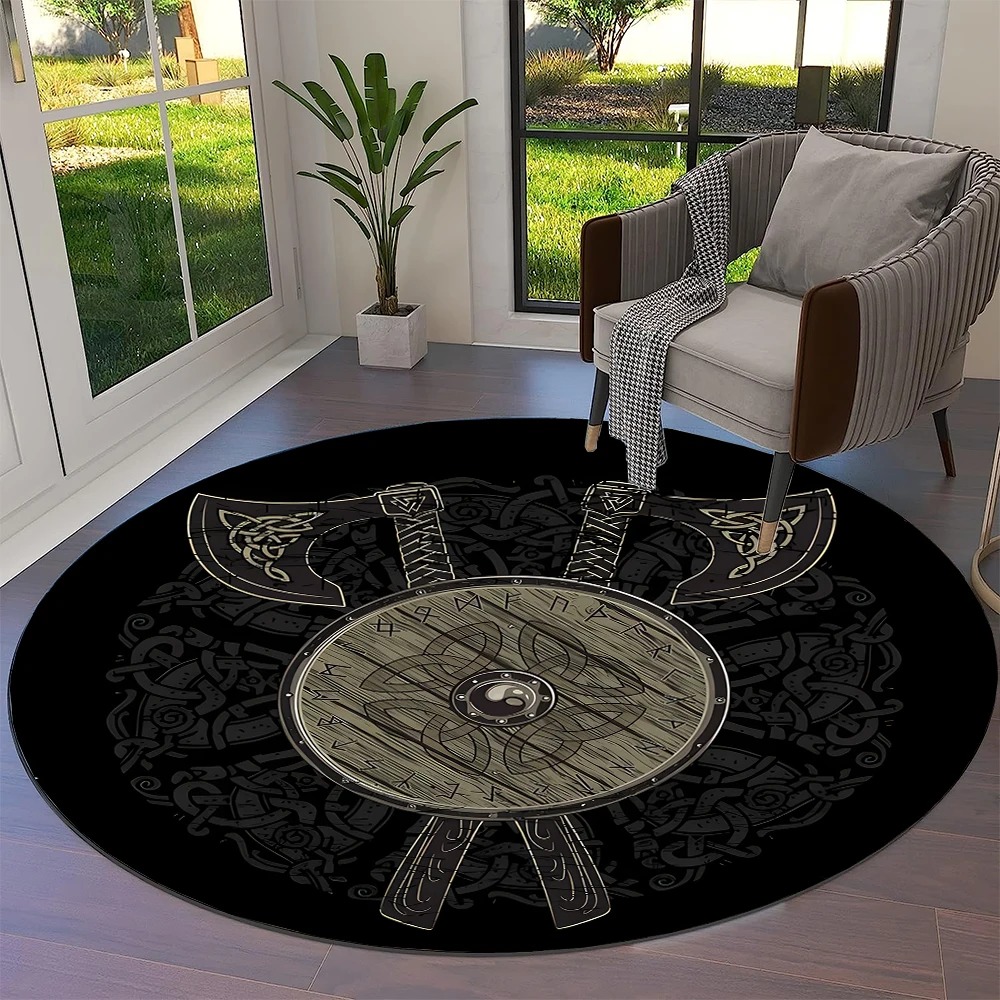 Tapis viking rond bouclier et haches