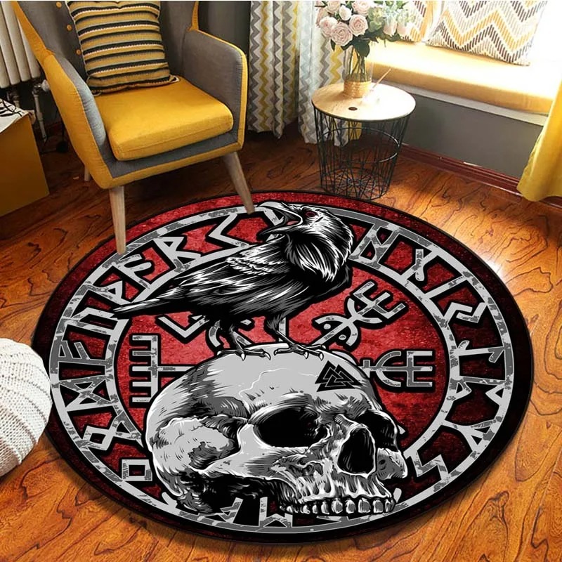 Tapis viking rond corbeau sur crane