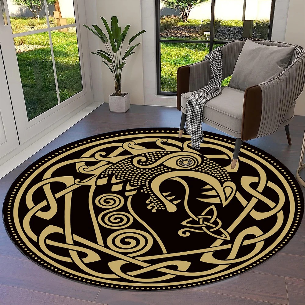Tapis viking rond dragon doré