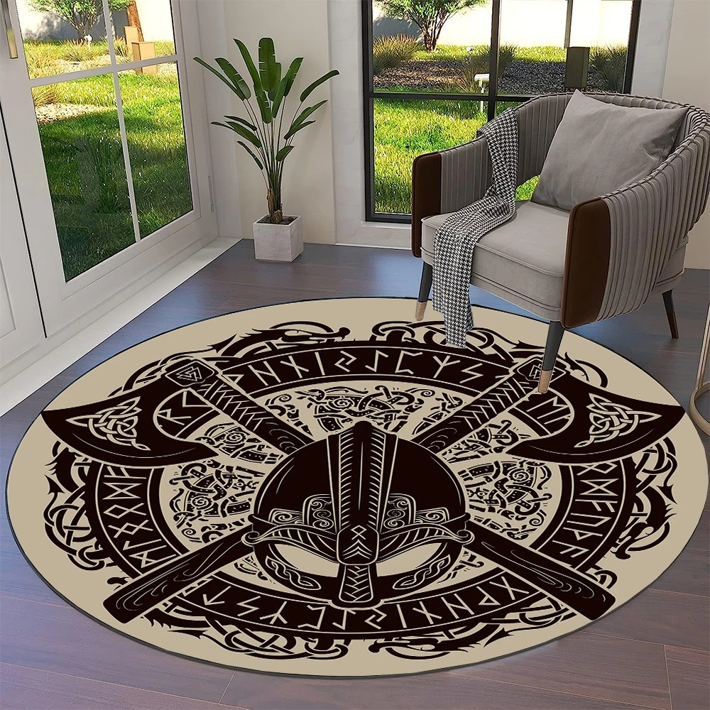 Tapis viking rond guerrier bouclier et hache