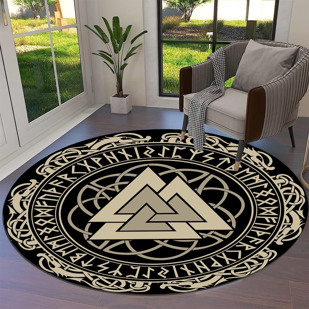 Tapis viking rond valknut doré avec runes