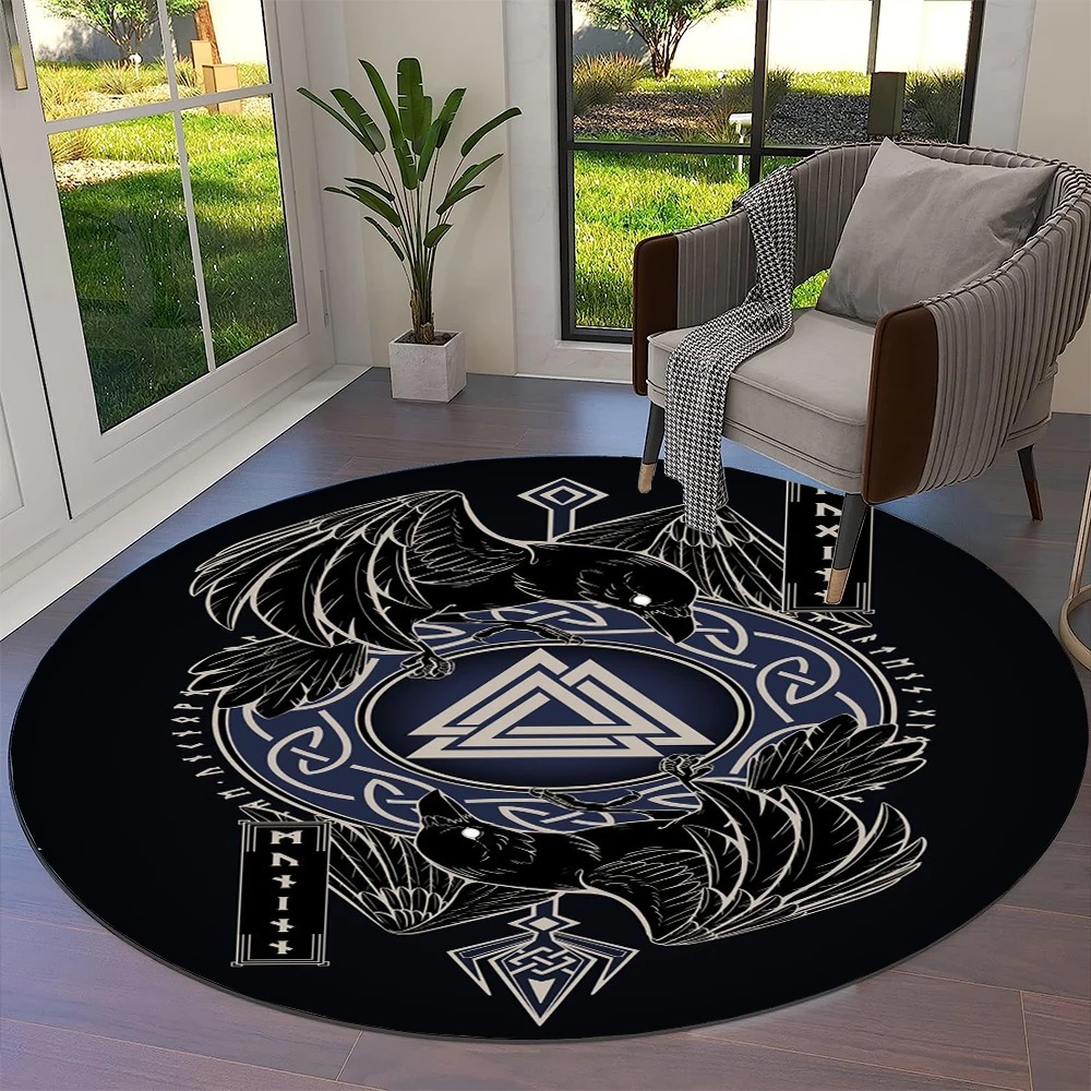 Tapis viking rond valknut et corbeaux d'odin