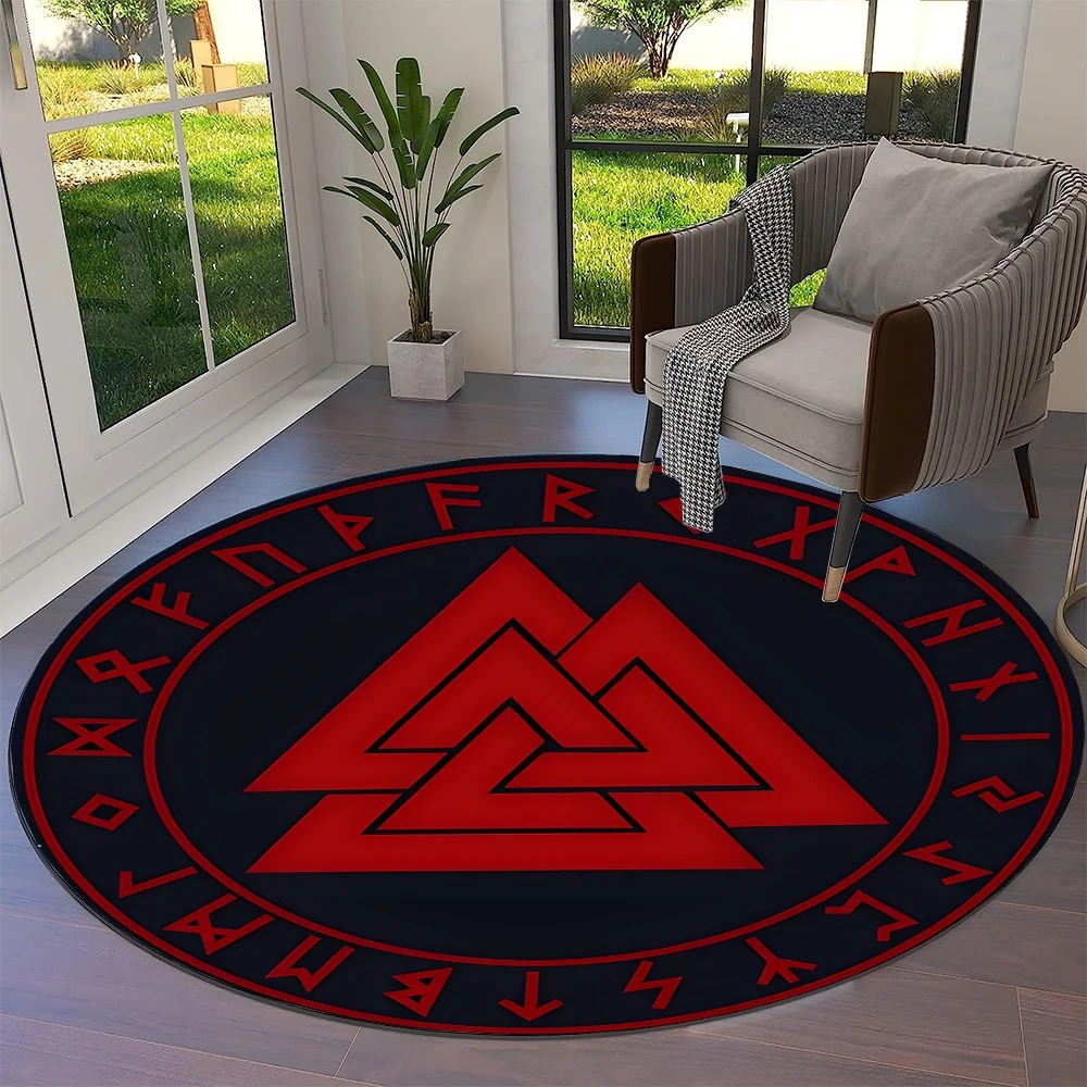 Tapis viking rond valknut rouge