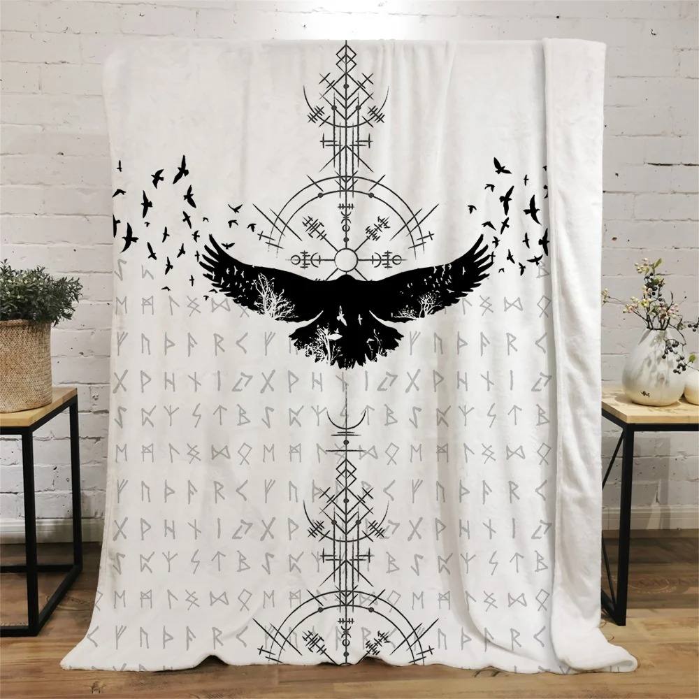 Plaid viking blanc avec corbeau et runes